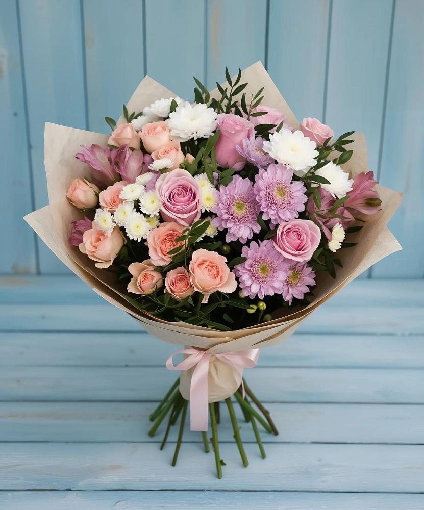 Букет цветов из: Хризантемы, Розы и Альстромерии в Березовке