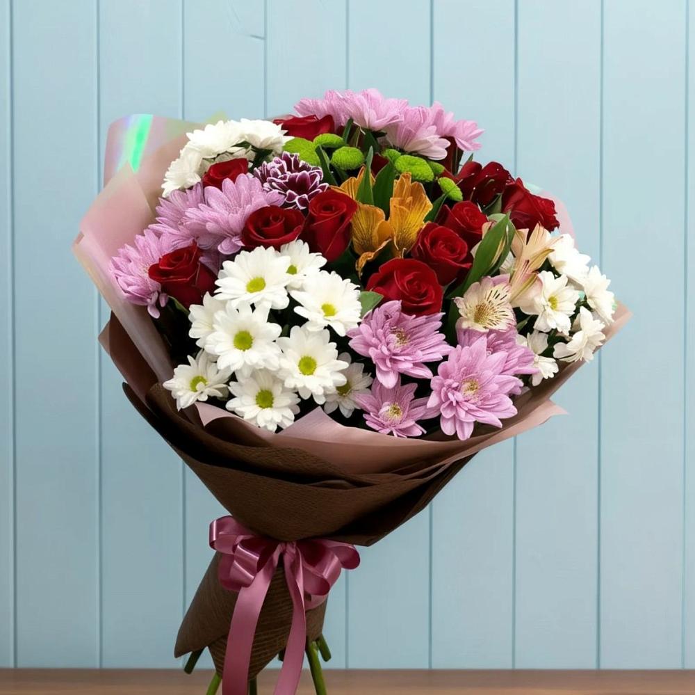 Букет цветов из: Розы, Хризантемы и Альстромерии в Березовке